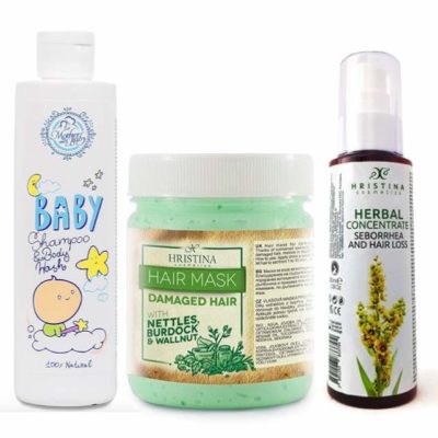 Neu: Shampoo für Babys, Haarmaske für geschädigtes Haar und Kräuterkonzentrat bei Schuppen & Haarausfall der Firma Hristina