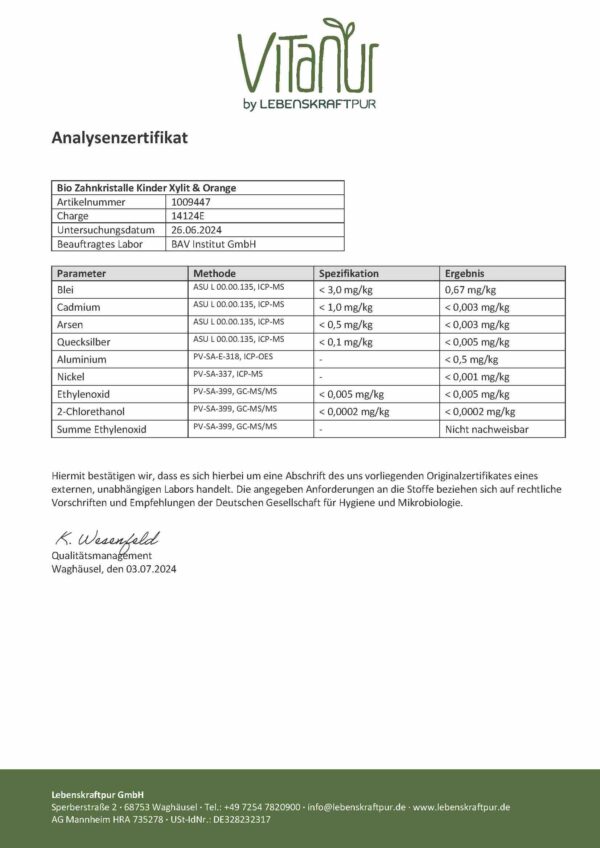 Lebenskraftpur Bio Zahnkristalle Xylit Orange Kinder Analyse Schadstoffe