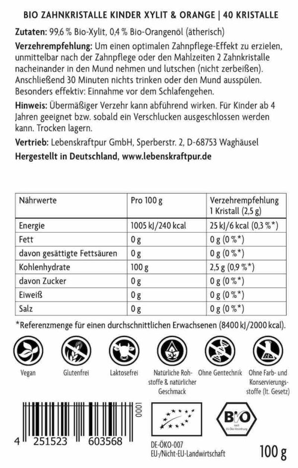 Lebenskraftpur Vitanur Bio Zahnkristalle Xylit Orange Kinder 40Kristalle Rueckseite